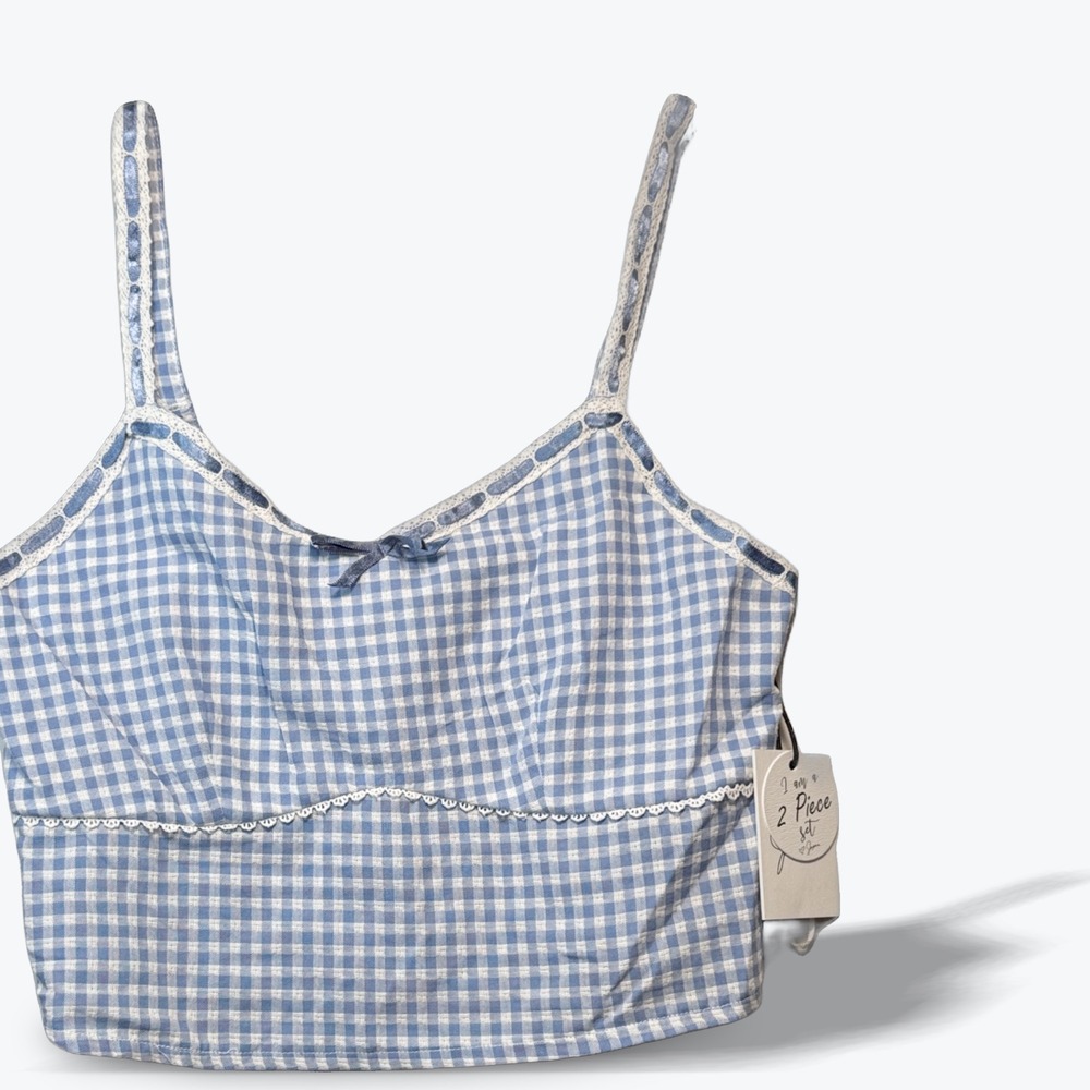 Japna Singh Smocked Crop Top Blue Gingham Lace Trim Womens Small 81908 SET NWT